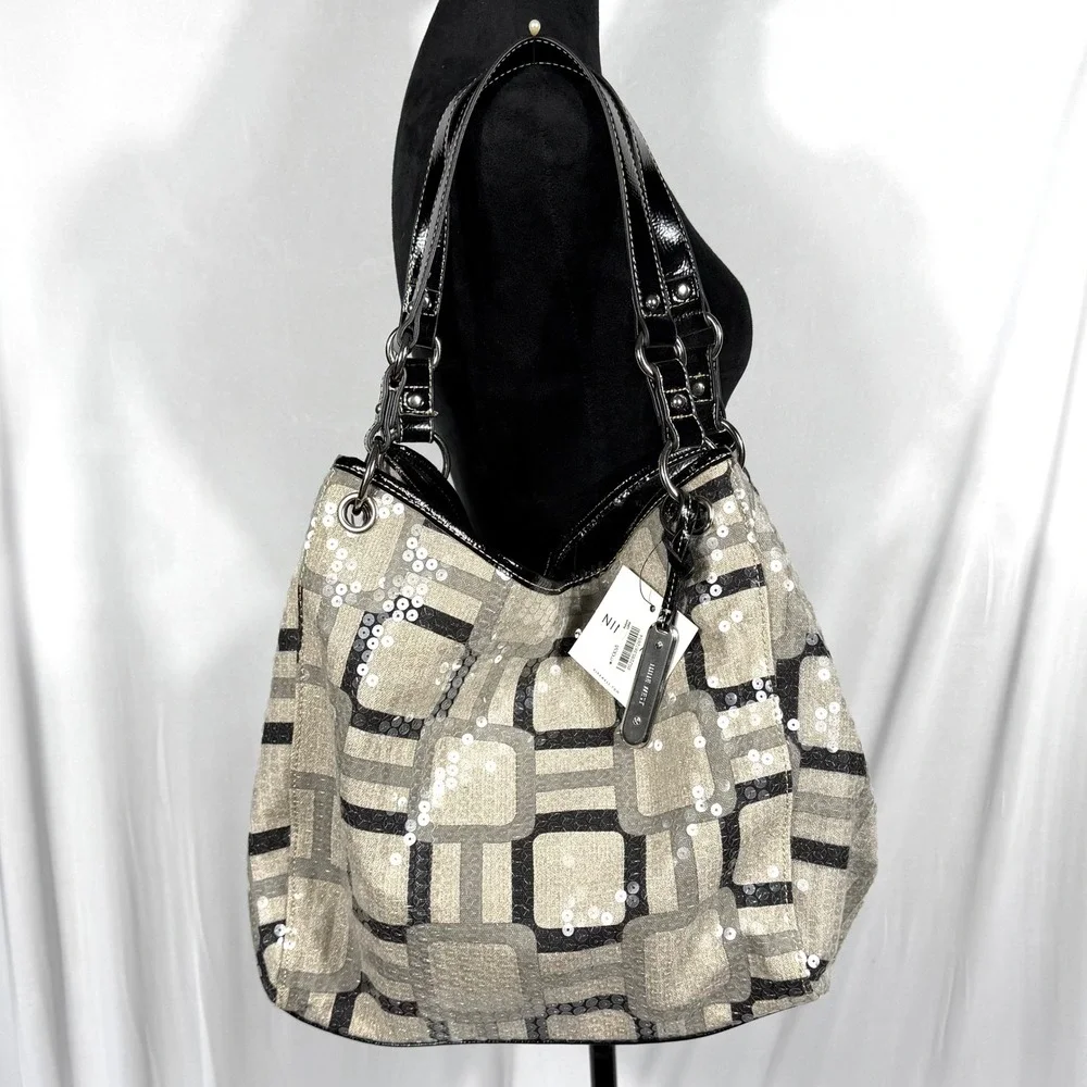 NWT Nine West Vegas Photo Sequin Tote Shoulder Hobo Bag Purse Gray Blk Vtg Y2K